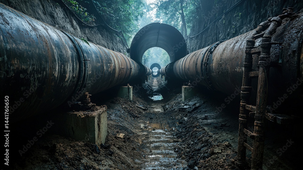 Poster massive pipeline infrastructure transporting resources under heavy machinery in urban environment in
