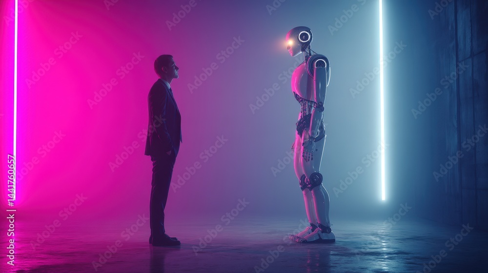 Poster businessman standing confidently beside a futuristic robot highlighted by neon lights in an innovati