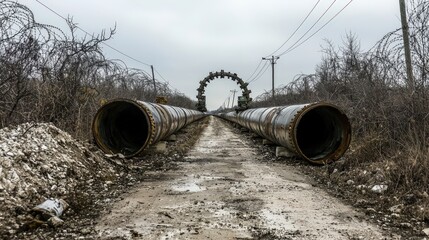 Urban infrastructure ground-level photography of a massive pipeline transporting resources