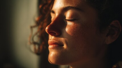 A woman in serene meditation, eyes closed, bathed in soft light. Inner peace and quiet reflection.