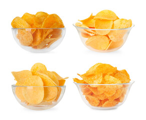 Delicious crispy potato chips in glass bowls isolated on white, collage