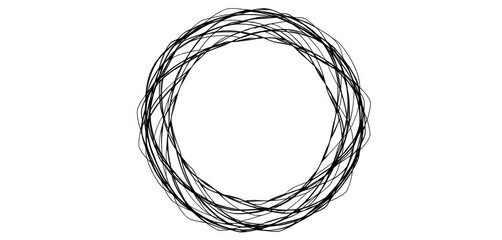 Intricate tangled banner design featuring a roughly sketched circular element; ample negative space, sketch, monochrome