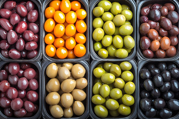 Assorted Colorful Olives in Trays for Culinary and Food Design