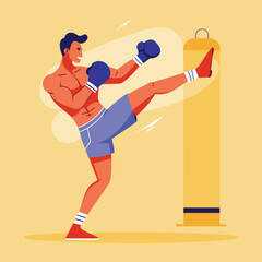 man boxing. male fighter in boxing gloves practices kick, punching and hitting. Strong  athlete at sports training or workout. Flat vector illustration isolated on background