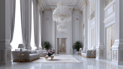 Obraz premium Grand living room with high ceilings, crystal chandelier, and luxurious furnishings - living room interior ornate design
