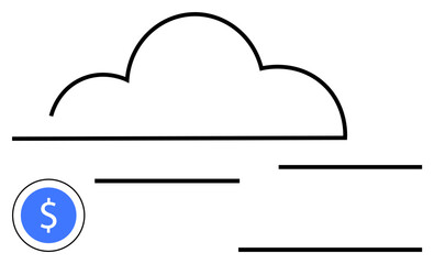 Cloud outline above horizontal lines, dollar icon in blue circle. Ideal for technology, finance, cloud storage, online payment, digital economy, SaaS, simple landing page