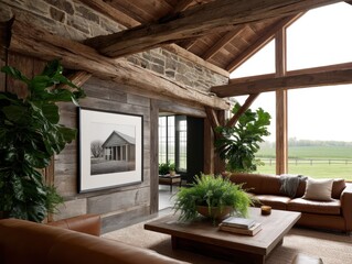 Huge rustic wooden frame resting against a stone wall in a farmhouse styled living room - organic rural style