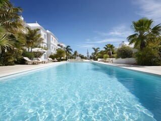 Fototapeta premium Lush tropical foliage surrounds a tranquil swimming pool at a luxurious Bermuda island resort - Tropical sun idyllic