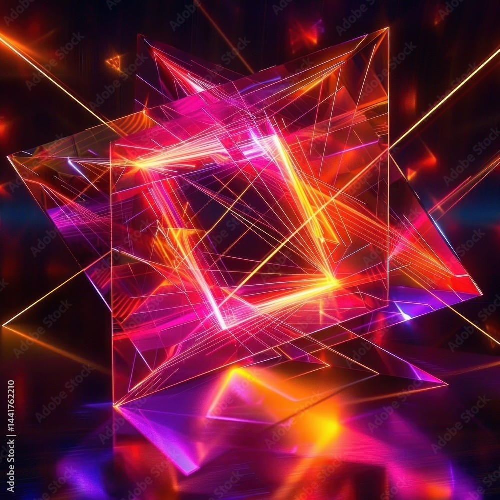 Poster vibrant glowing geometric shapes with intersecting transparent prisms and lines emitting neon pink, 