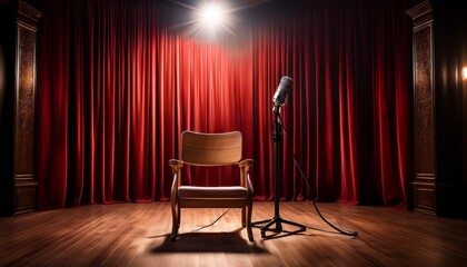 A wooden chair and vintage microphone sit on a spotlighted stage in front of red theater curtains, creating a dramatic and inviting atmosphere.