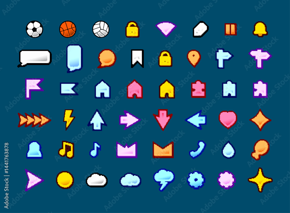 Poster set of colorful gradient game icon, modern retro trendy pixel gradient art decoration elements vecto