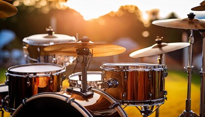 A shiny drum set is set up outdoors, bathed in warm sunlight, ready for a musical performance.