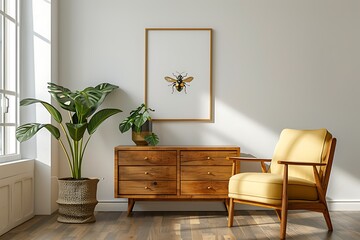 Classy minimalist living room interior with a framed insect poster on a wooden dresser, yellow armchair and monstera plant