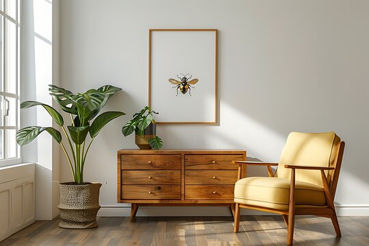 Classy minimalist living room interior with a framed insect poster on a wooden dresser, yellow armchair and monstera plant - Powered by Adobe