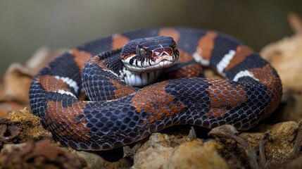 Fototapeta premium Banded krait snake coiled defensively in lush habitat close-up image nature serene viewpoint