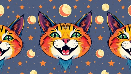 Joyful, colorful cat head seamless pattern with celestial moons and stars, ample negative space, surface, cat