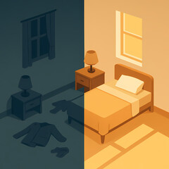 A single room divided into two halves: one half in dark tones and clutter (clothes scattered about, curtains closed), the other half in light tones, with light and order.