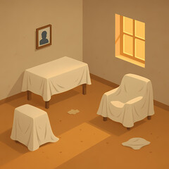 An old room with objects covered in sheets, dust, and a single photograph on the wall. Dim lighting and long shadows. A sense of a pause in time.