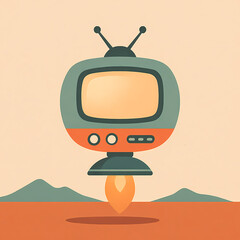 A floating disc-shaped television with analog knobs and glowing screen, hovering over desert landscape. Tribute to both UFO tropes and retro appliances.