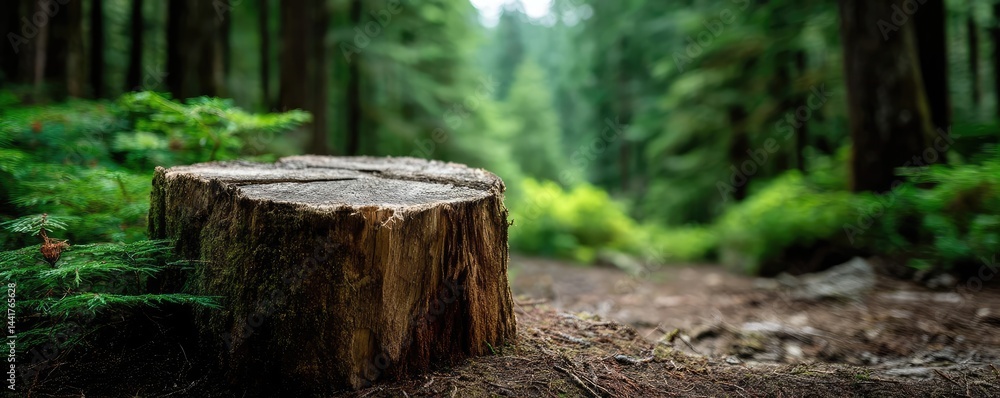 Poster tree stump symbolizing habitat loss due to illegal logging concept. a serene forest scene showcasing