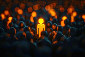 Obraz premium Glowing orange figure standing out among dark, blurry crowd with similar glowing figures creating a sense of individuality and leadership in a dim environment