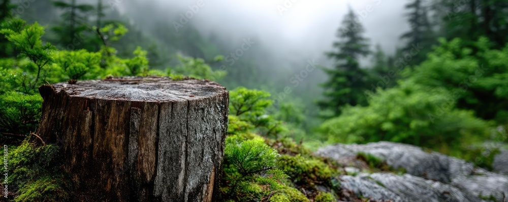 Poster tree stump symbolizing habitat loss due to illegal logging concept. moss-covered tree stump in a lus