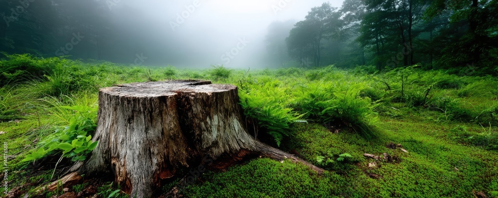 Poster tree stump symbolizing habitat loss due to illegal logging concept. a serene landscape featuring a t