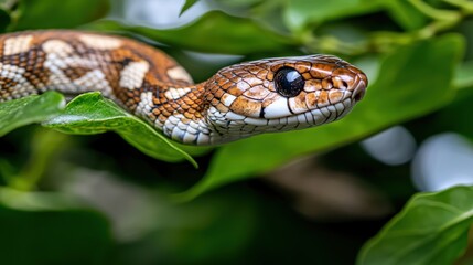 Obraz premium Closeup of rat snake exploring leafy habitat nature scene wildlife photography lush environment macro viewpoint