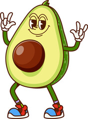 Cool avocado fruit half groovy funny character. Vegan food natural plant cheerful hippie vector character, organic farm product cute groovy personage. Healthy diet fresh avocado funny retro mascot