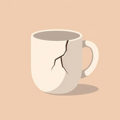 Minimal vector illustration of a broken mug placed on a flat surface, symbolizing emotional fragility and sadness. A poetic representation of human emotions through everyday objects.