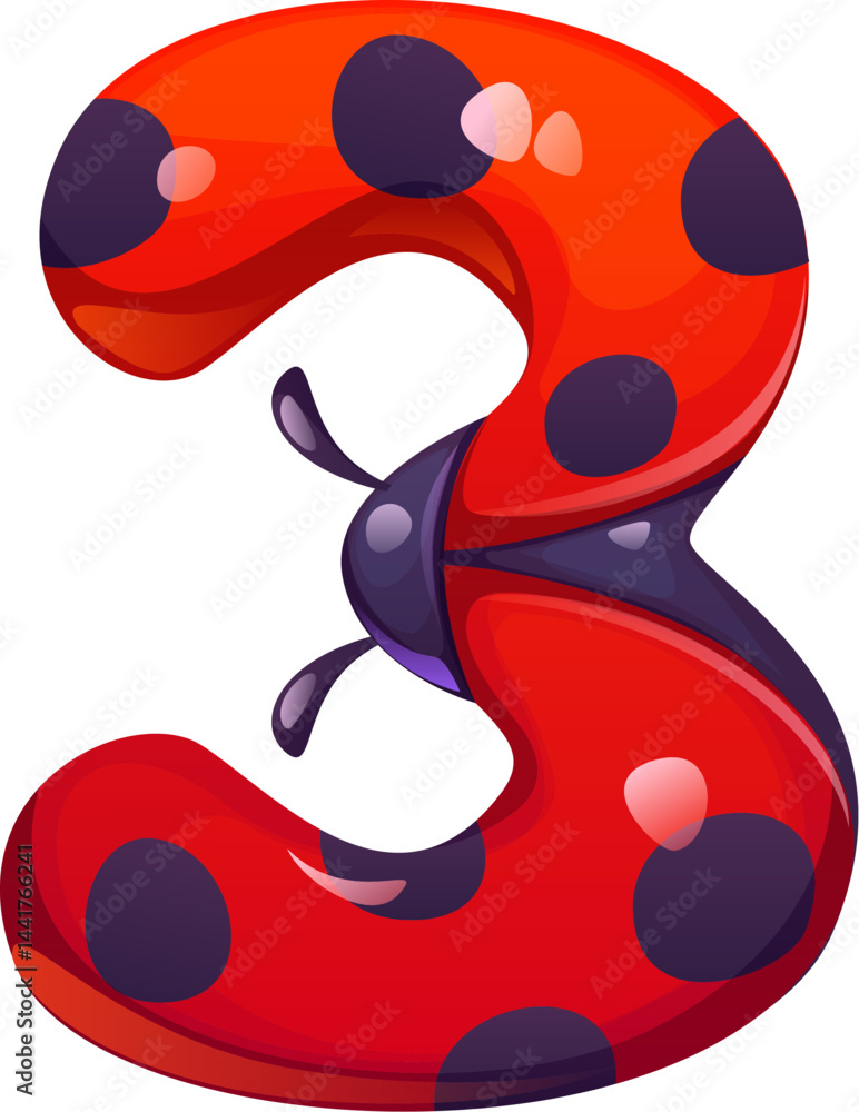 Fototapete Ladybug insect font cartoon insect digit 3 three. Red insect font vector number, garden ladybug beetle alphabet type digit. Spring lady bug typeface figure or cute ladybird math typeface symbol