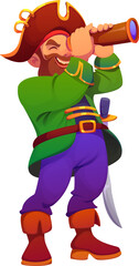 Cartoon pirate corsair character peers intently through a spyglass. Isolated vector sea sailor, captain or marine rover personage with saber, tricorn hat, boots and mischievous grin under bushy beard
