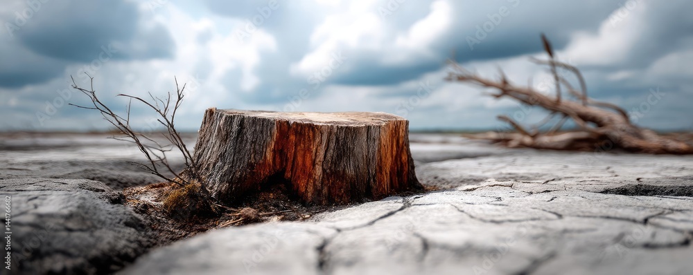 Poster tree stump symbolizing habitat loss due to illegal logging concept. a weathered tree stump stands al