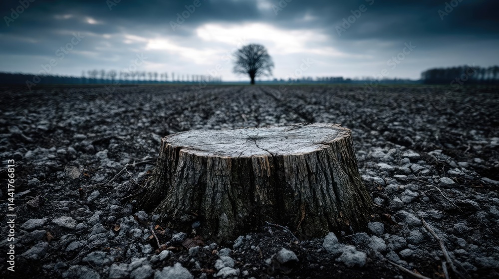 Aufkleber tree stump symbolizing habitat loss due to illegal logging concept. a stark tree stump stands agains