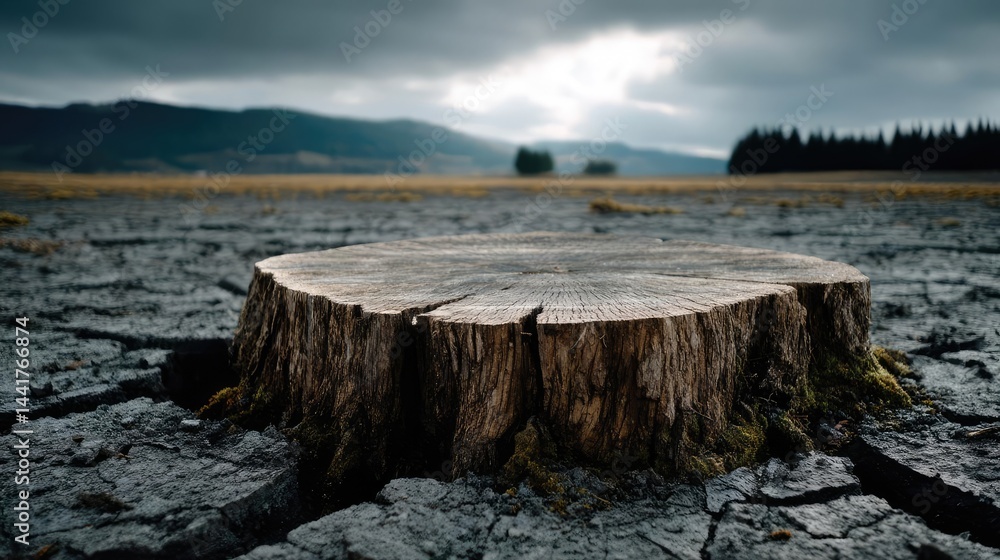 Poster tree stump symbolizing habitat loss due to illegal logging concept. a solitary tree stump rests on c