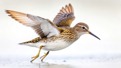 Obraz premium Flying Sandpiper, Actitis Hypoleucos, Bird in Flight, Tilt-Shift Photography, White Background, Wildlife Photography