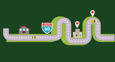 Flat design illustration of a road map from the top view, featuring roads, road signs, cars, and landmarks, highlighting key locations and routes in a clear, organized layout on a solid background.