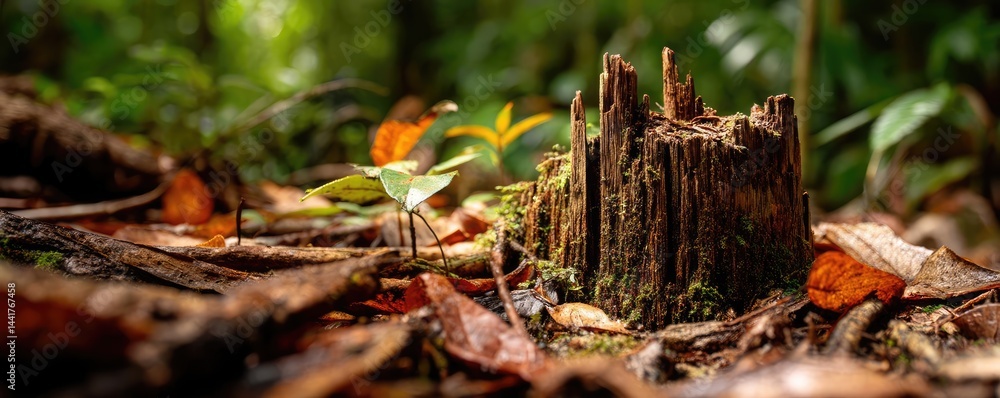 Poster tree stump symbolizing habitat loss due to illegal logging concept. a serene forest scene featuring 