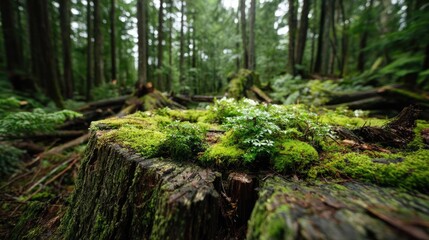 Tree stump showing impact of climate change and deforestation concept. A lush forest scene featuring mossy tree stump and greenery.