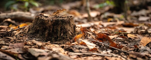 Obraz premium Tree stump symbolizing habitat loss due to illegal logging concept. A detailed view of a tree stump surrounded by autumn leaves.