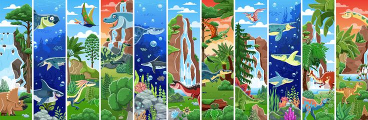 Cartoon dinosaurs and water dinos characters collage. Vector prehistoric animals and reptiles personages of triceratops, velociraptor and megalodon. Cute stegosaurus and pteranodon dinosaur characters © Vector Tradition