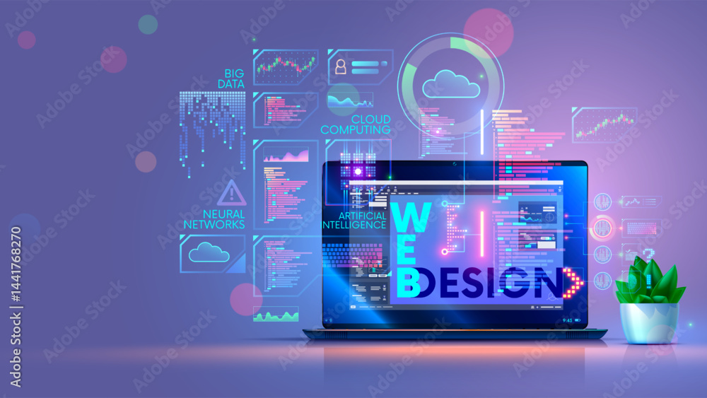Poster Laptop on desk with software of web design, programming, creation app, software development. Abstract design elements of computer technology on screen laptop. Online education of technology web design