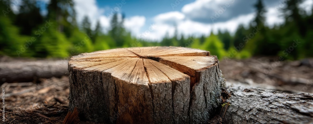 Poster tree stump symbolizing habitat loss due to illegal logging concept. close-up view of a tree stump su