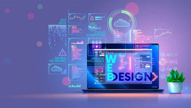 Laptop on desk with software of web design, programming, creation app, software development. Abstract design elements of computer technology on screen laptop. Online education of technology web design