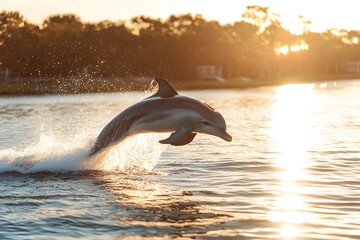 Fototapeta premium A dolphin leaps out of the water with a sunset background and trees and sun reflecting on the water