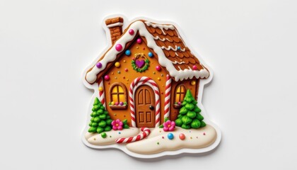 A sticker of a decorated gingerbread house.