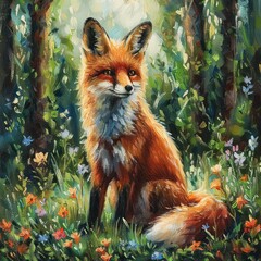 Fototapeta premium red fox sitting calmly among colorful wildflowers in a sunlit forest clearing with lush green foliage and dappled light