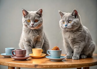 Funny British Cats Tea Party Macro Photography - Cute Kitten Closeup  Grey Background