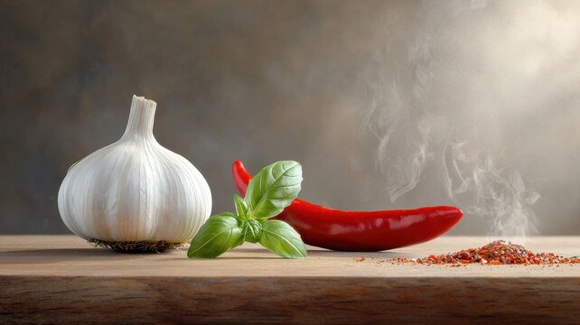 Spicy Cuisine: Garlic, Chili Pepper, Basil, and Chili Powder on Wood garlic chili pepper red pepper