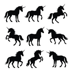 Silhouette Vector Set of Unicorns in Various Poses